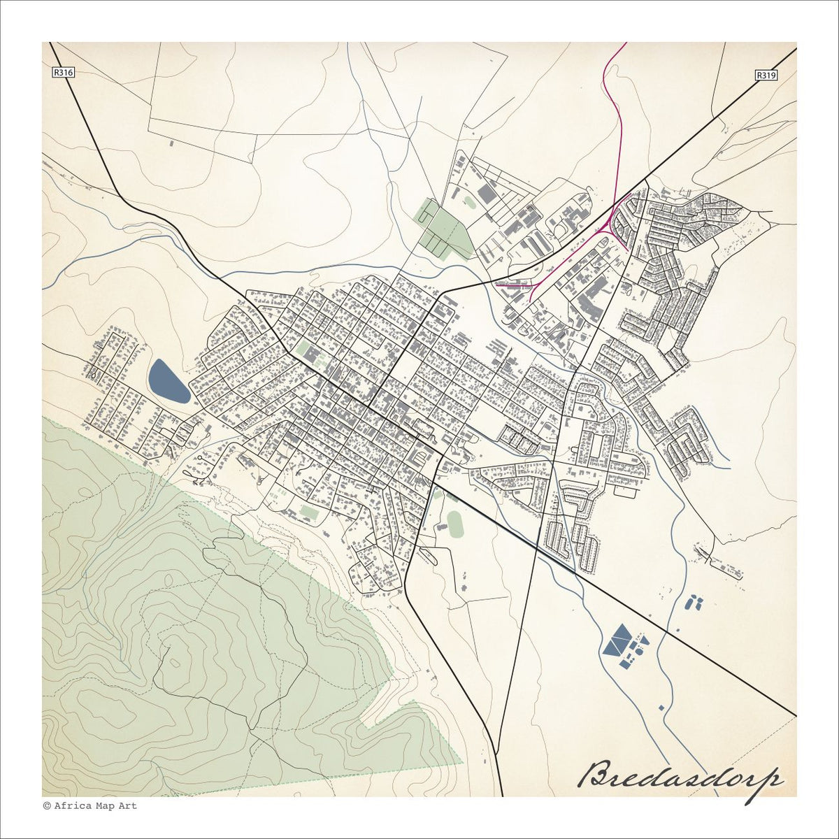 Bredasdorp map print in the Classic style, with a blue dam, grey buildings and green mountain slopes to the south on a cream background