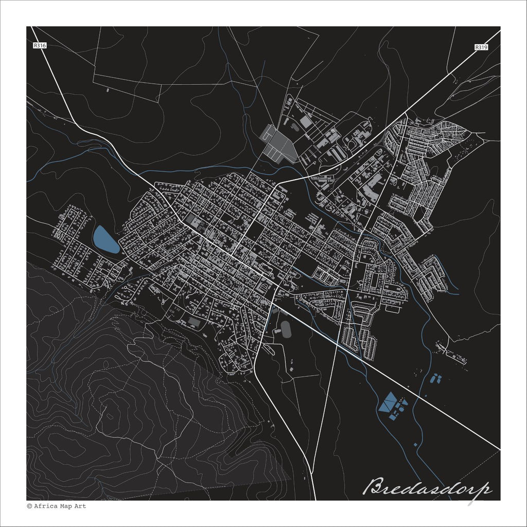 Bredasdorp map print in the Granite style, with white street lines, a blue dam and blue watercourses, and fine white contour lines on a black background