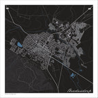 Bredasdorp map print in the Granite style, with white street lines, a blue dam and blue watercourses, and fine white contour lines on a black background