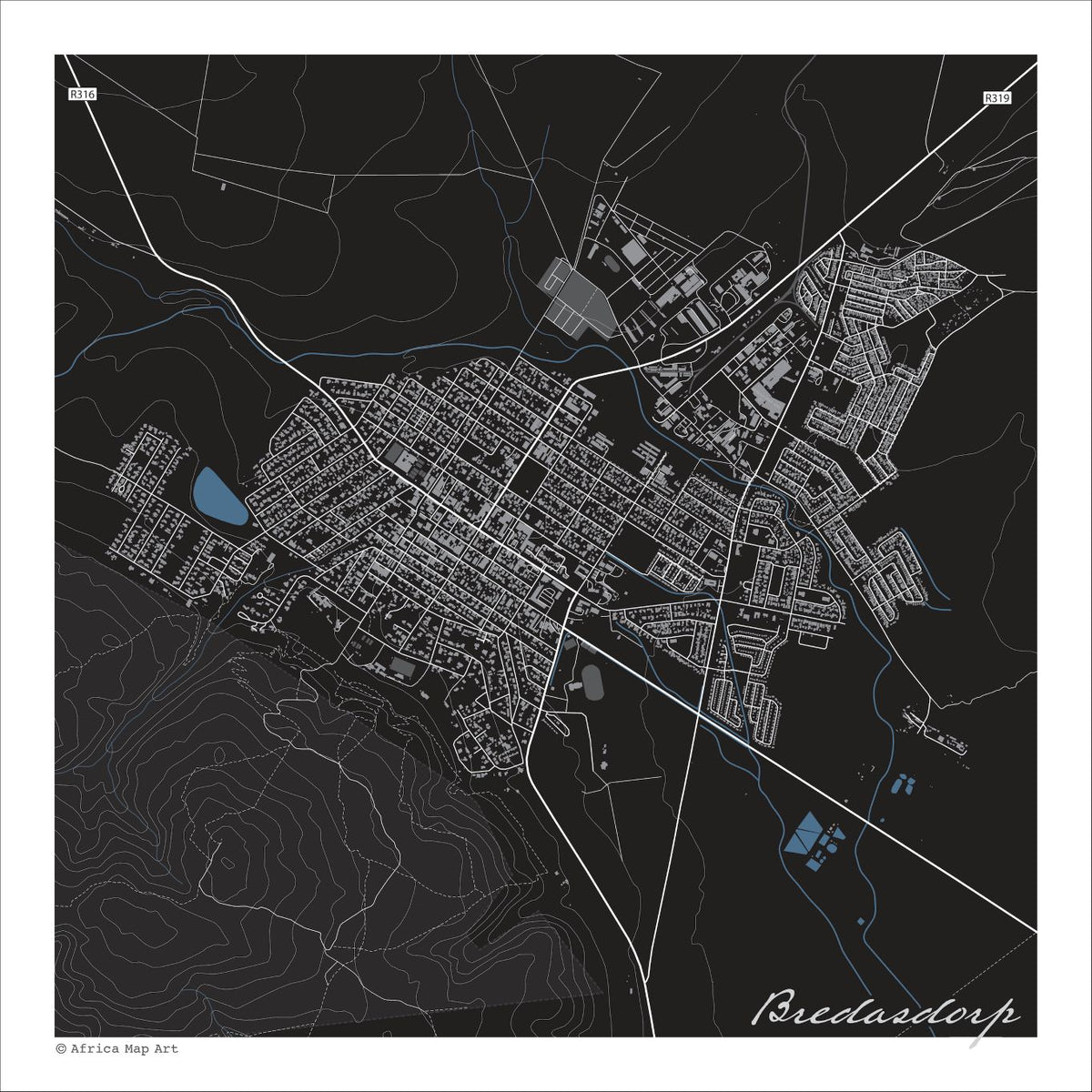 Bredasdorp map print in the Granite style, with white street lines, a blue dam and blue watercourses, and fine white contour lines on a black background
