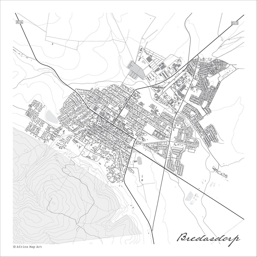 Bredasdorp map print in the minimalist Mono style, with grey buildings, black street lines and fine contour lines on a white background