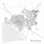 Bredasdorp map print in the minimalist Mono style, with grey buildings, black street lines and fine contour lines on a white background