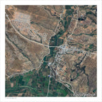 Calitzdorp aerial map print showing the town and surrounding vineyards from above, with green irrigated lands along the valley floor and dry red-brown Klein Karoo hills