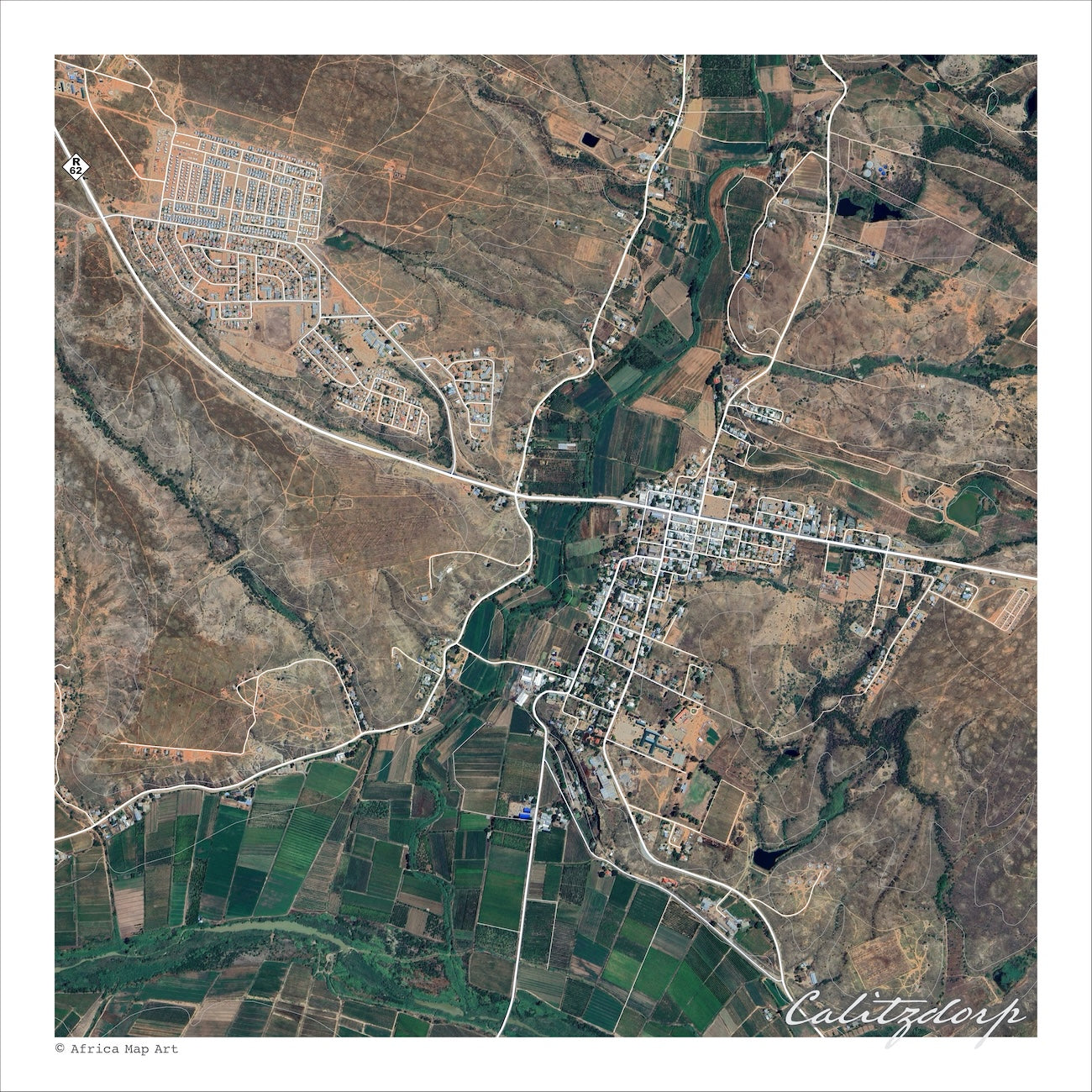 Calitzdorp aerial map print showing the town and surrounding vineyards from above, with green irrigated lands along the valley floor and dry red-brown Klein Karoo hills