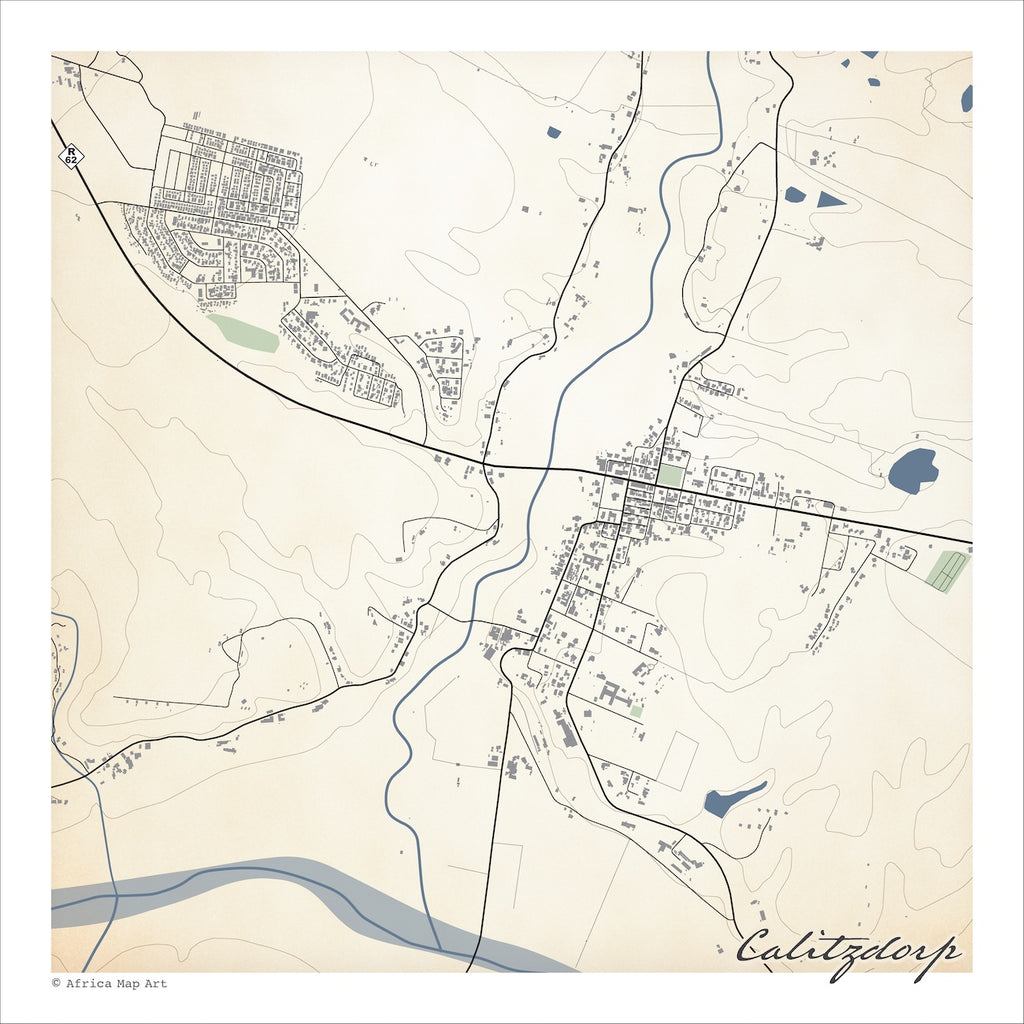 Calitzdorp map print in the Classic style, with fine black street lines and grey buildings, Route 62, the blue Nels river and dense contour lines on a cream background