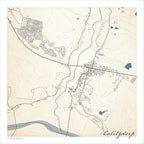Calitzdorp map print in the Classic style, with fine black street lines and grey buildings, Route 62, the blue Nels river and dense contour lines on a cream background