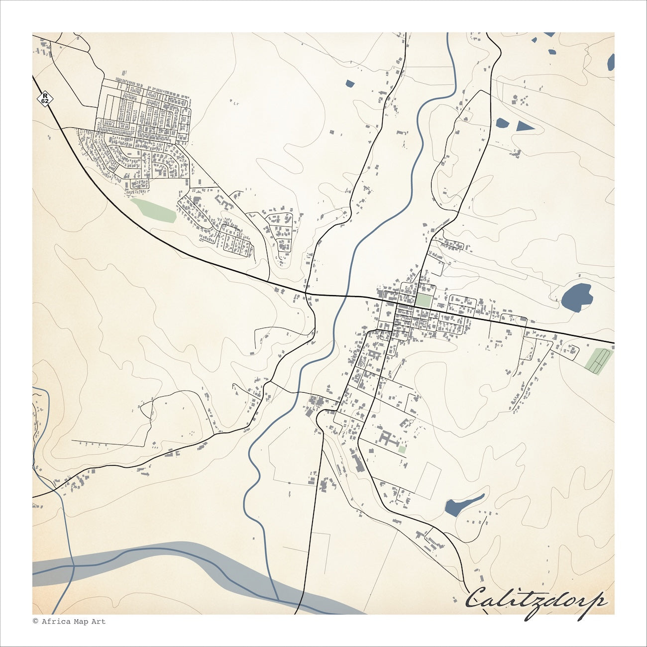 Calitzdorp map print in the Classic style, with fine black street lines and grey buildings, Route 62, the blue Nels river and dense contour lines on a cream background