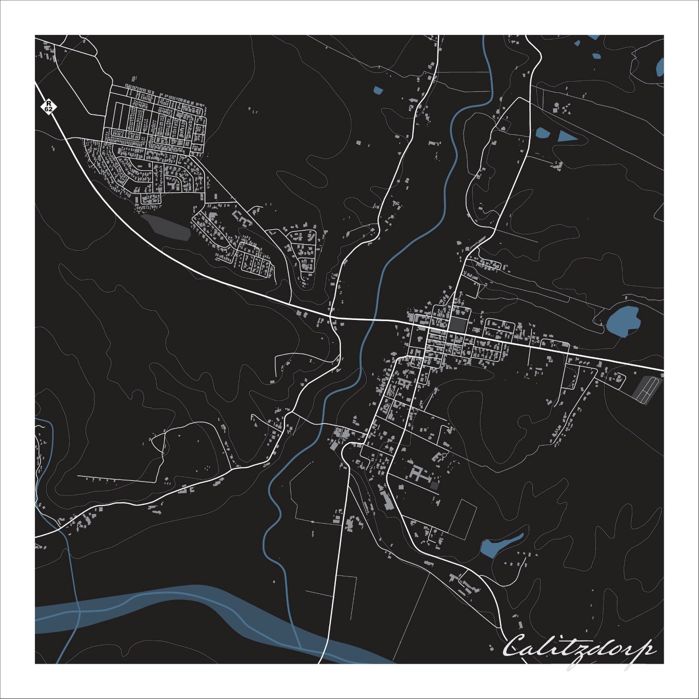 Calitzdorp map print in the Granite style, with fine white street lines, the blue Nels River, scattered dams and white contour lines on a black background