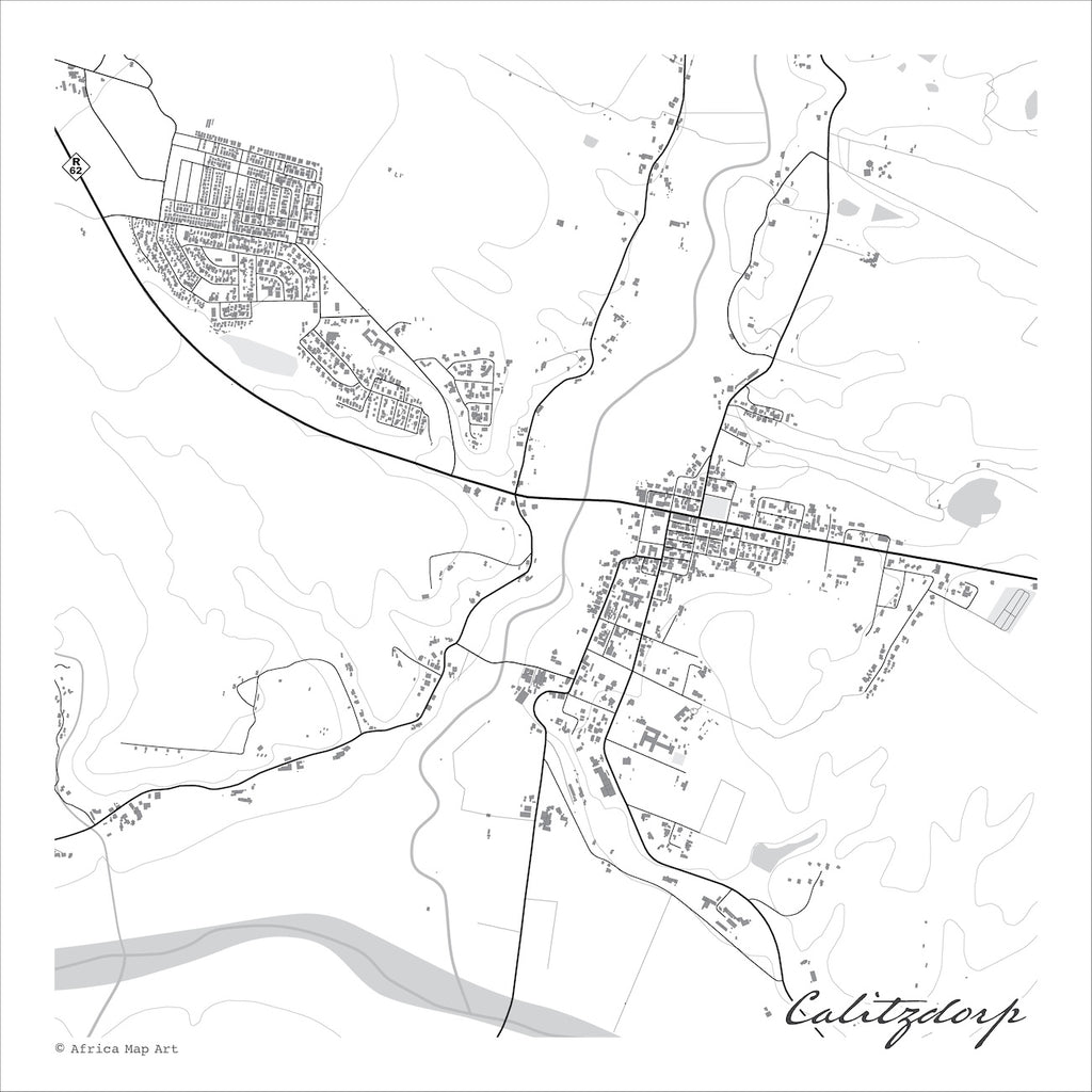 Calitzdorp map print in the minimalist Mono style, with black street lines, grey buildings, Route 62 and the grey Nels River winding between contoured hills on a white background