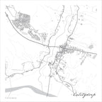 Calitzdorp map print in the minimalist Mono style, with black street lines, grey buildings, Route 62 and the grey Nels River winding between contoured hills on a white background