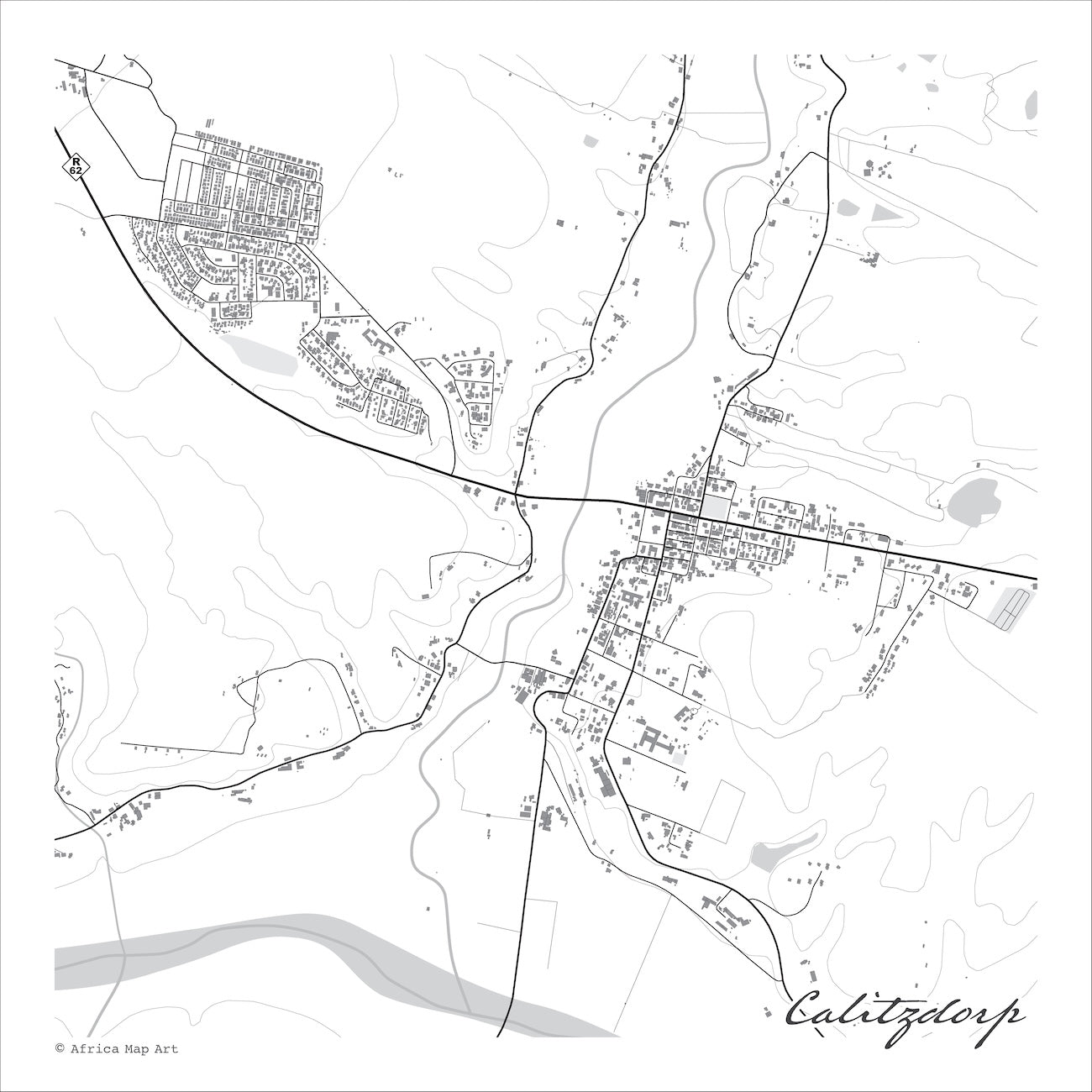 Calitzdorp map print in the minimalist Mono style, with black street lines, grey buildings, Route 62 and the grey Nels River winding between contoured hills on a white background