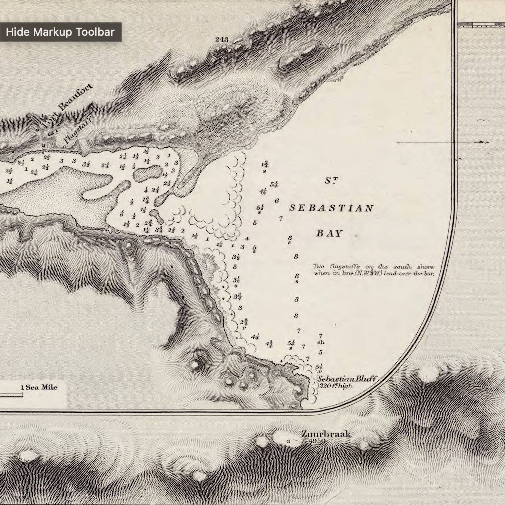 Close-up detail of the 1867 Admiralty chart of Cape Agulhas to Mossel Bay reproduction print, showing the inset plan of Port Beaufort and St Sebastian Bay
