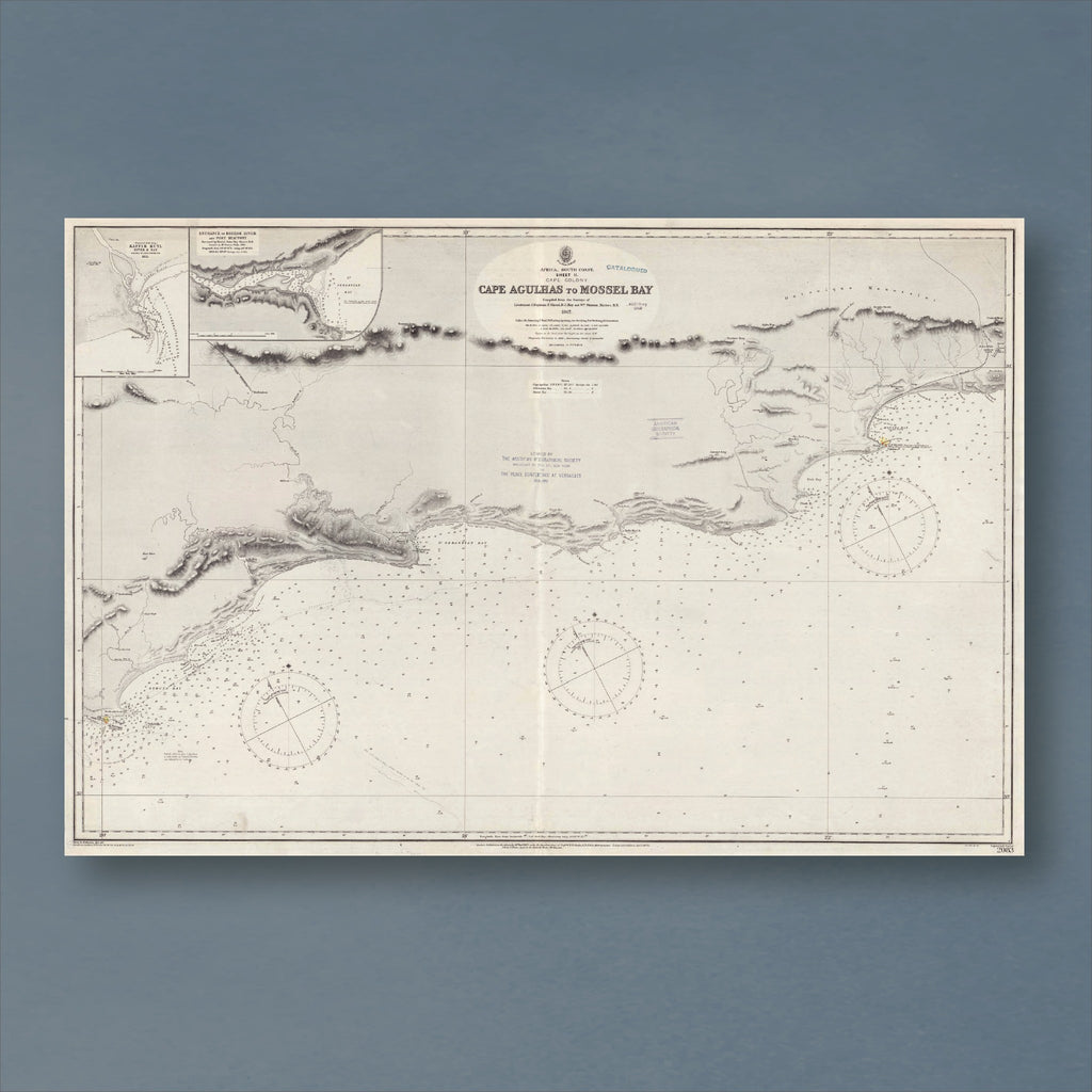 1867 Admiralty chart from Cape Agulhas to Mossel Bay, reproduction print showing the southern Cape coastline with depth soundings and compass roses