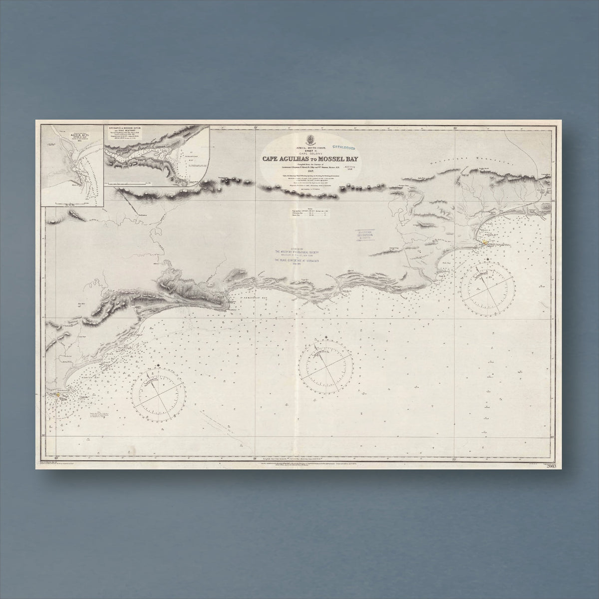 1867 Admiralty chart from Cape Agulhas to Mossel Bay, reproduction print showing the southern Cape coastline with depth soundings and compass roses
