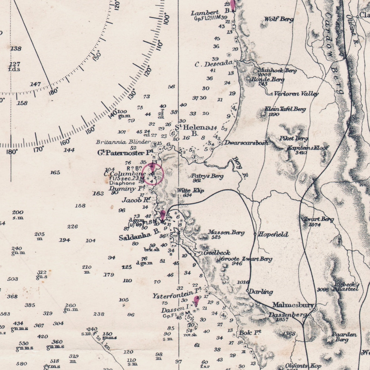 Close-up detail of the 1867 Admiralty chart of the Cape of Good Hope reproduction print.