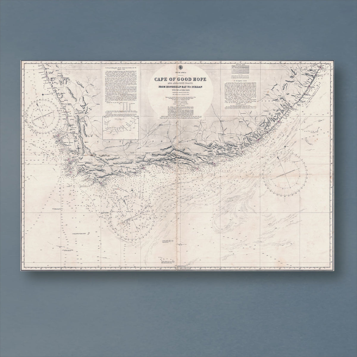 1867 Admiralty chart of the Cape of Good Hope, reproduction print showing the coast from Hondeklip Bay to Durban, with depth soundings and compass roses