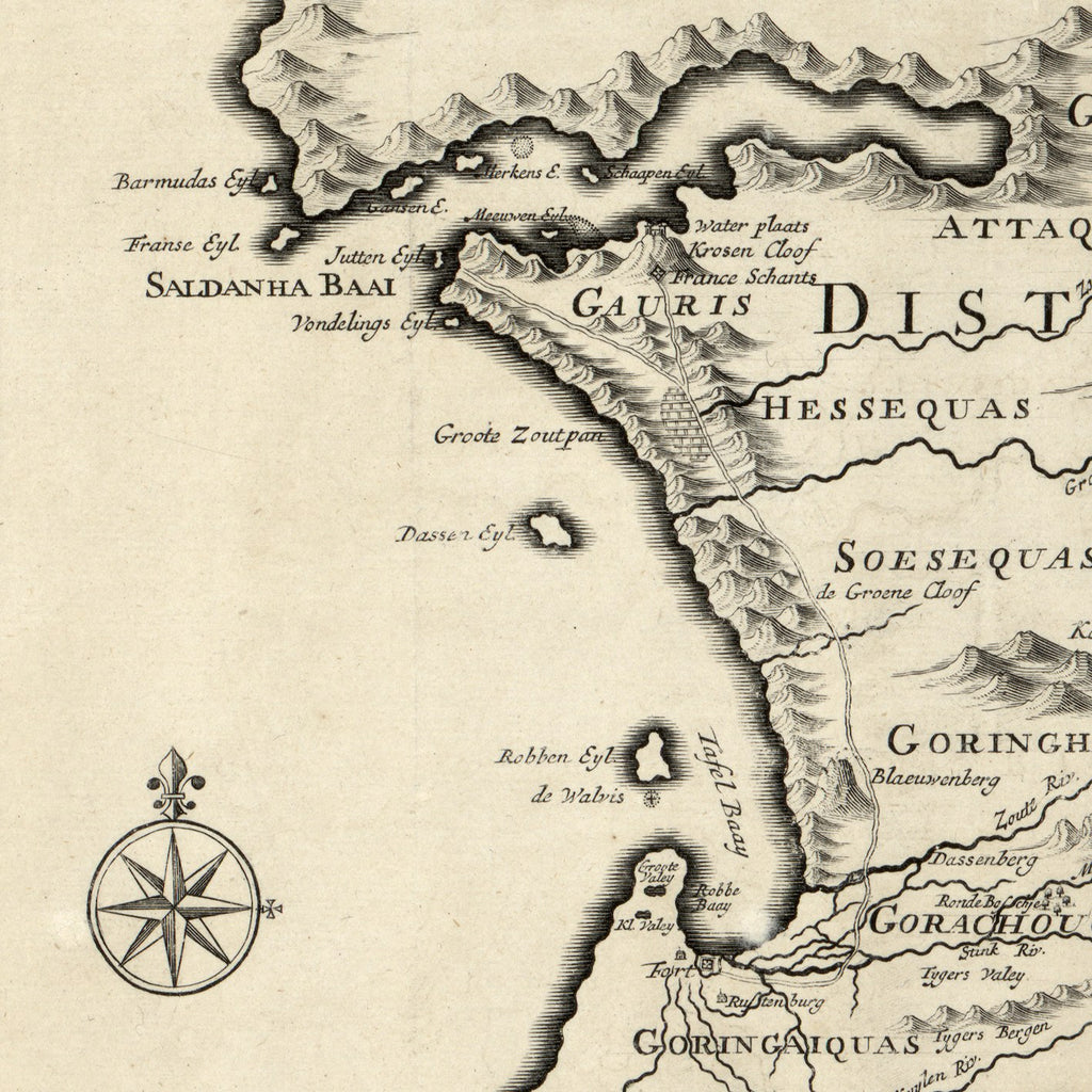 Close-up detail of the 1726 Valentijn map of the Cape of Good Hope reproduction print, showing the engraved coastline, compass rose and Dutch place names