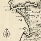 Close-up detail of the 1726 Valentijn map of the Cape of Good Hope reproduction print, showing the engraved coastline, compass rose and Dutch place names