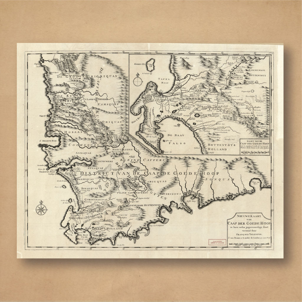 1726 map of the Cape of Good Hope by François Valentijn, reproduction print showing the Cape Peninsula and Dutch colony, with hachured mountains and a compass rose