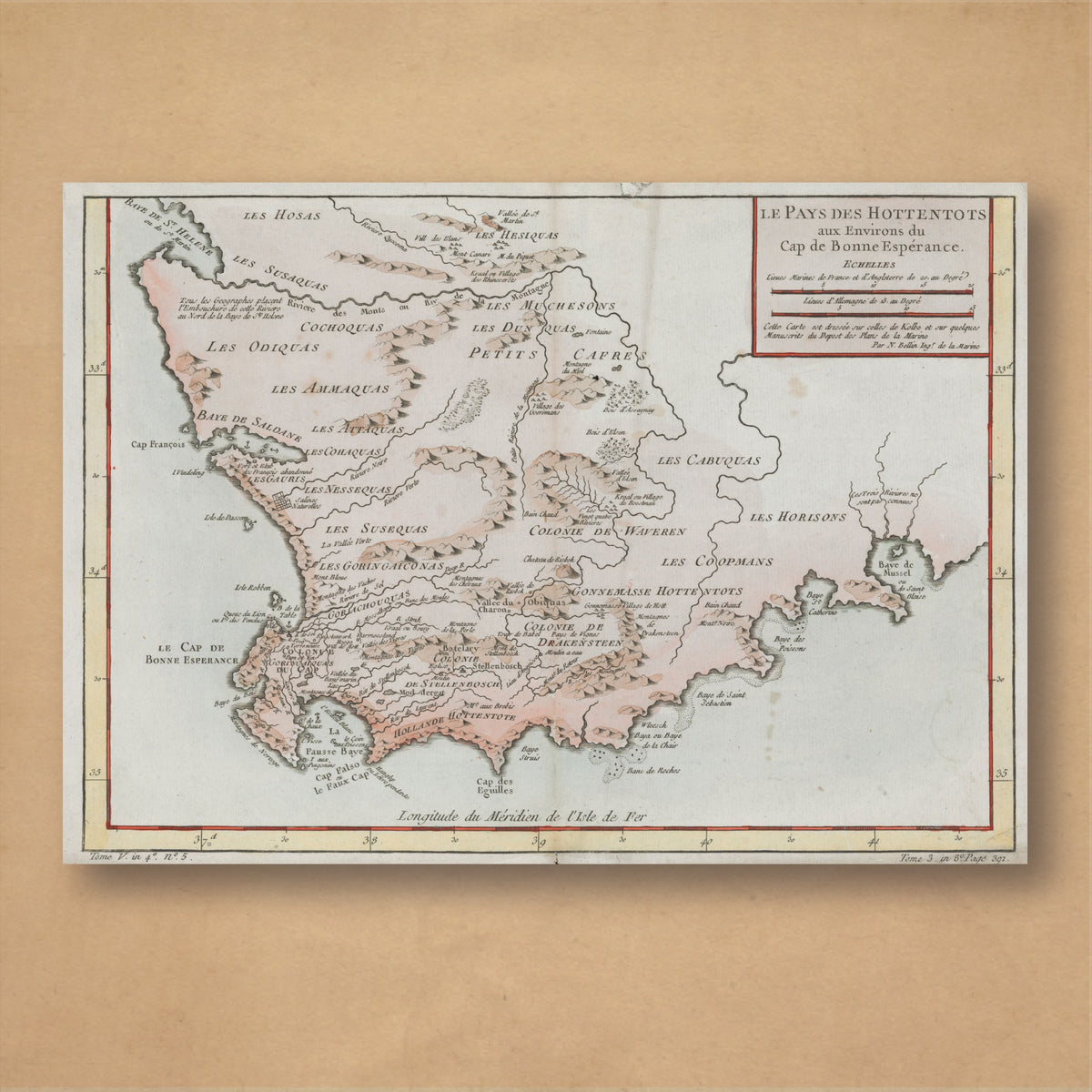 Jacques-Nicolas Bellin's 1754 map of the Cape of Good Hope and its interior, with pink hand-colouring, hachured mountains and a title cartouche