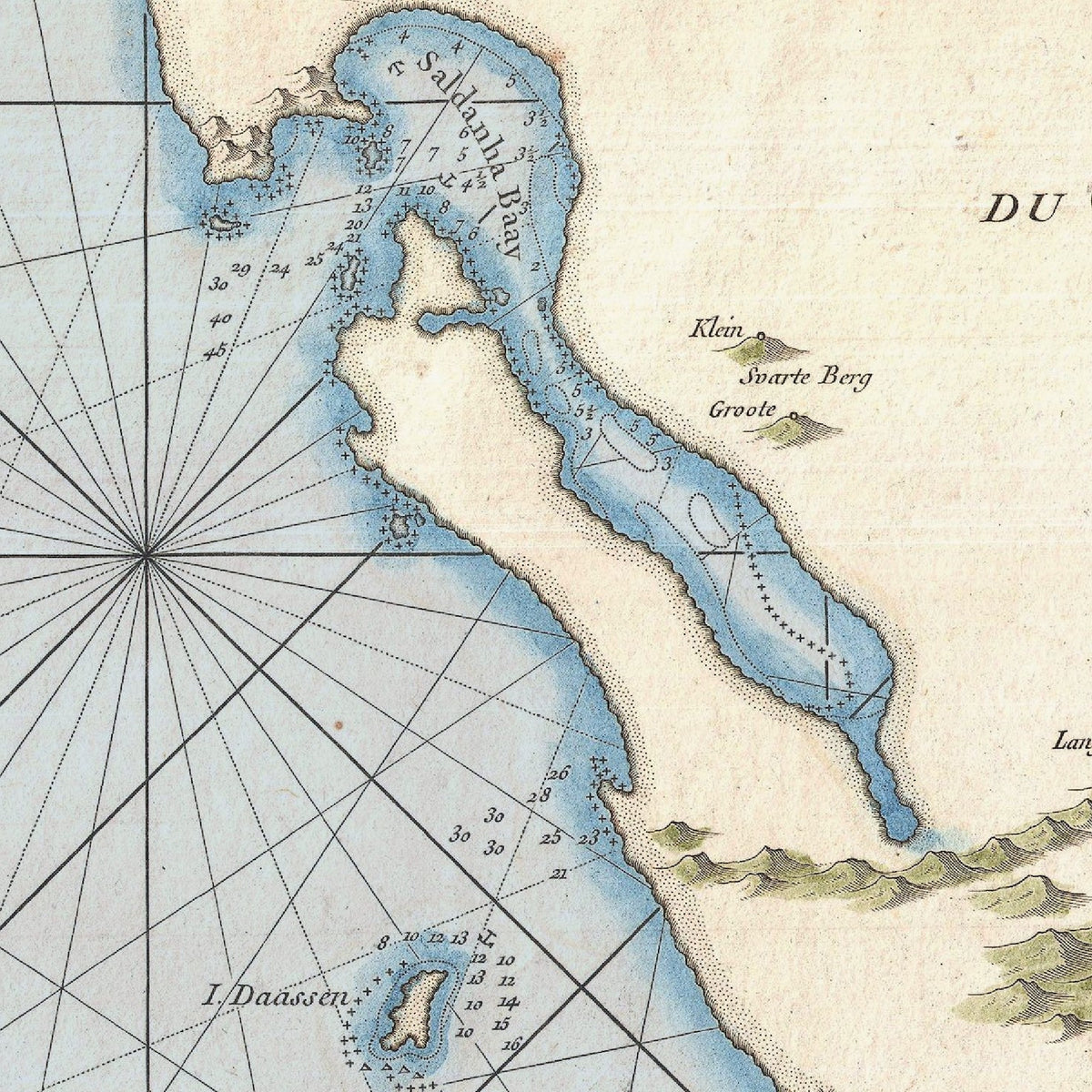 Detail of Mannevillette's 1775 chart showing Saldanha Bay, with a compass rose and rhumb lines