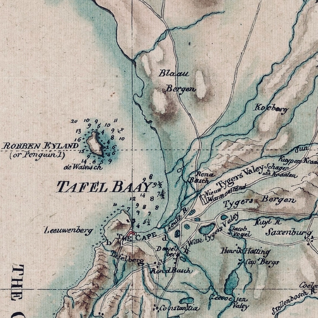 Detail of De la Rochette's 1782 map showing Table Bay and Robben Island, with blue-green coastal tint and fine lettering
