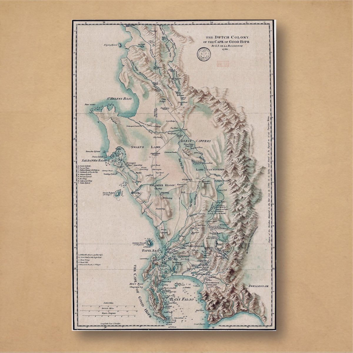 Louis Stanislas d'Arcy de la Rochette's 1782 map of the Dutch colony at the Cape, from False Bay to St Helena Bay, with shaded mountain ranges