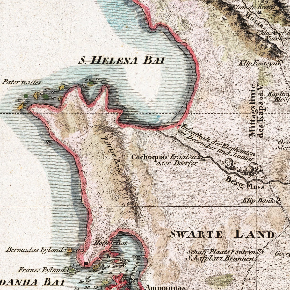 Detail of Schraembl's 1789 map showing St Helena Bay and Saldanha Bay, with red-edged coastline and German lettering