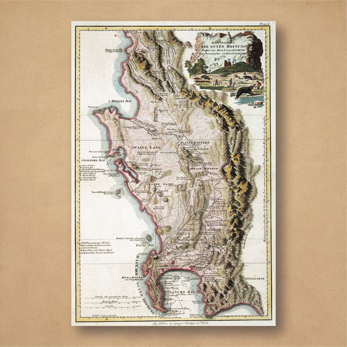 Franz Anton Schraembl's 1789 map of the Cape of Good Hope, from False Bay to St Helena Bay, with shaded mountains and a pictorial title vignette