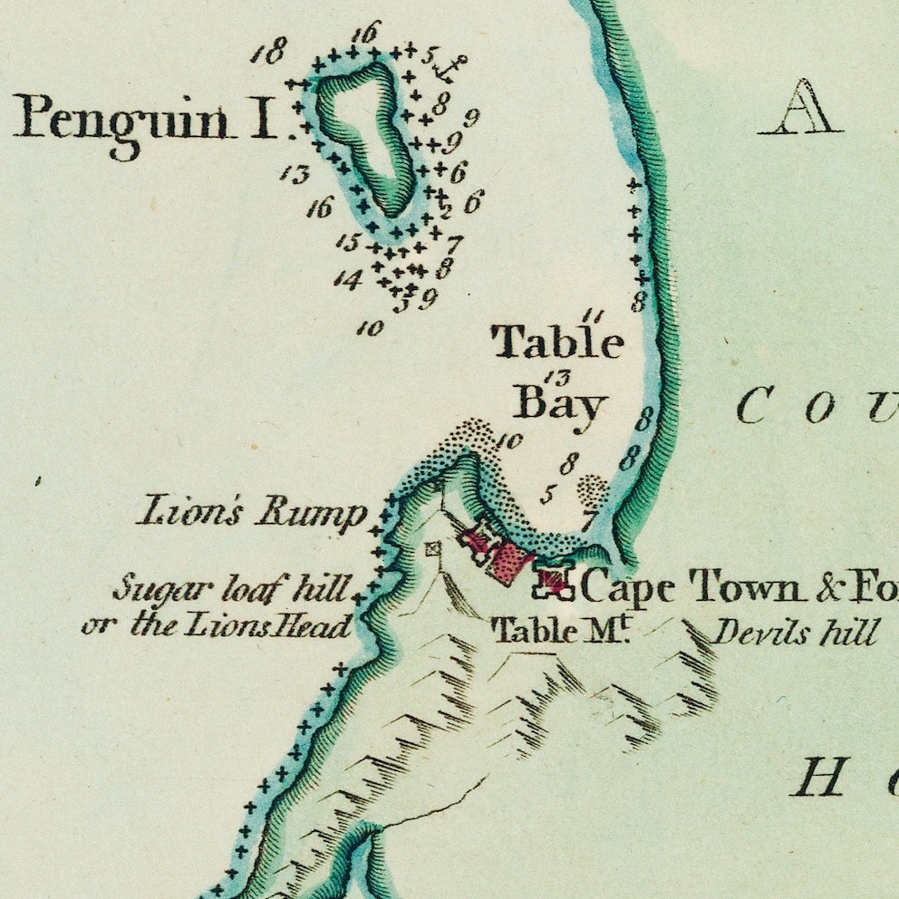 Detail of Luffman's 1800 map showing Table Bay and Robben Island, with Cape Town marked in red beneath Table Hill and the Lion's Head
