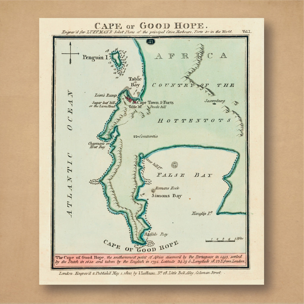 John Luffman's 1800 map of the Cape of Good Hope, showing the Cape Peninsula between Table Bay and False Bay, with green-edged coastlines