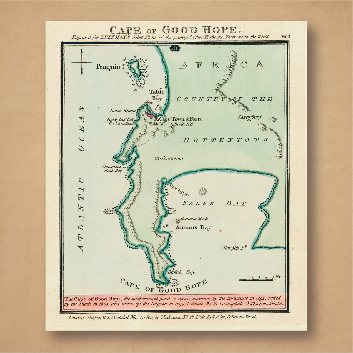 John Luffman's 1800 map of the Cape of Good Hope, showing the Cape Peninsula between Table Bay and False Bay, with green-edged coastlines