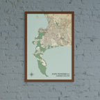 Cape Peninsula & Robben Island Antique map print in a dark wooden frame on a grey painted brick wall