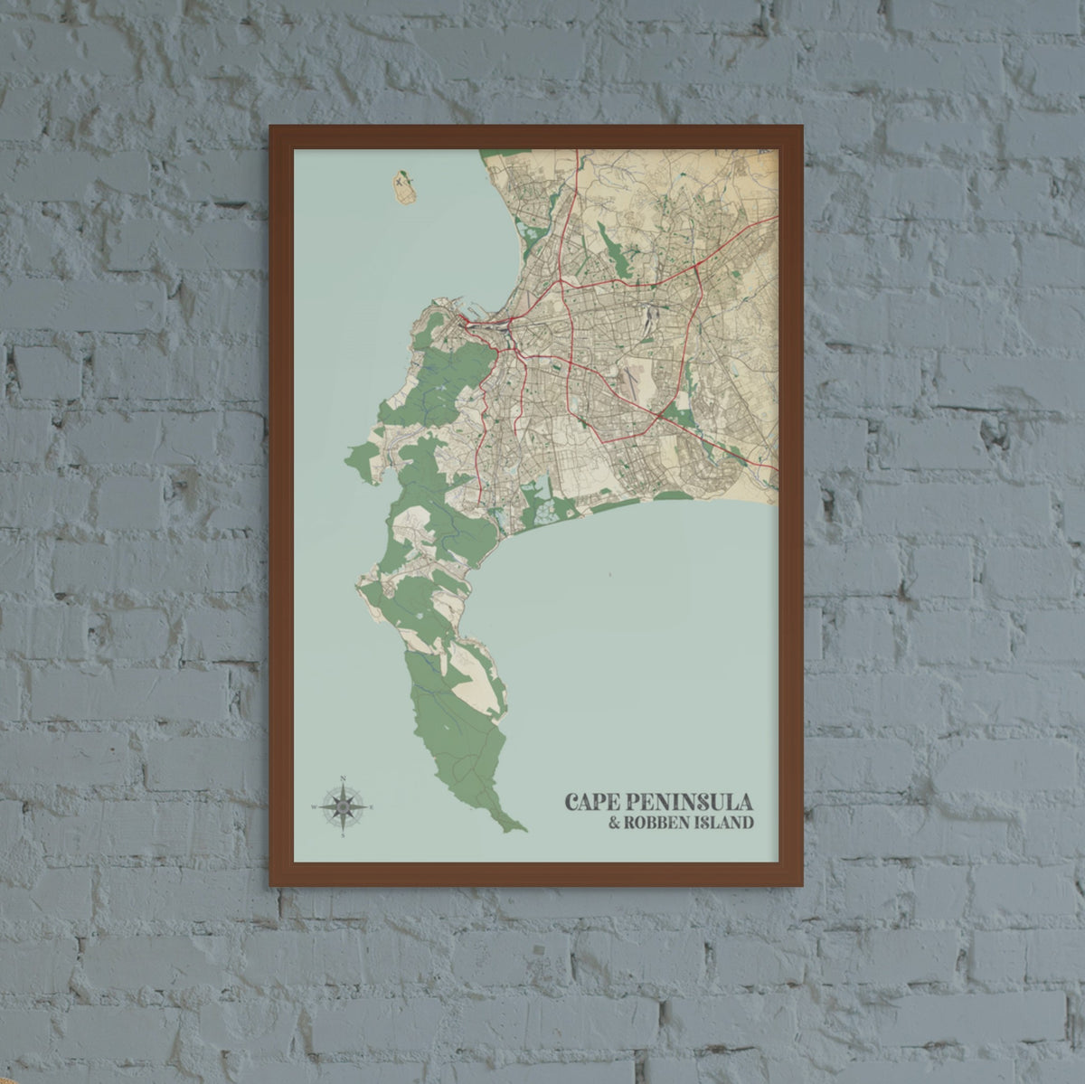 Cape Peninsula & Robben Island Antique map print in a dark wooden frame on a grey painted brick wall