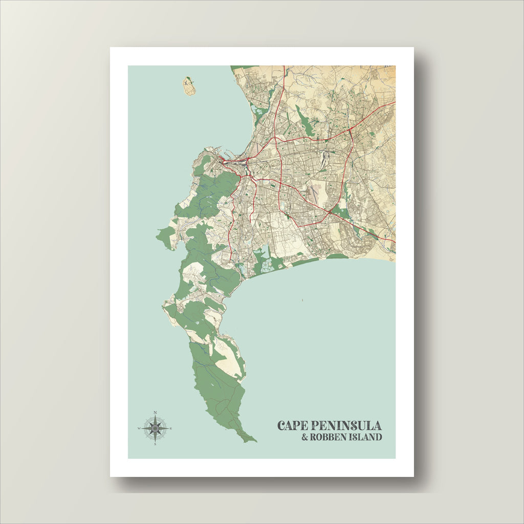 Cape Peninsula and Robben Island map print in the Antique style, with red main roads on cream land, Table Mountain National Park in green and pale sea-green bays