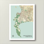 Cape Peninsula and Robben Island map print in the Antique style, with red main roads on cream land, Table Mountain National Park in green and pale sea-green bays