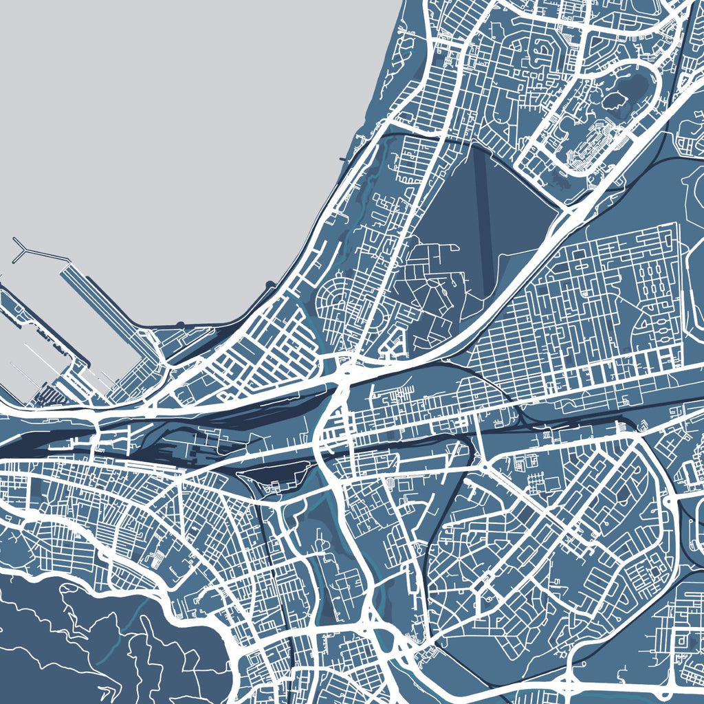 Close-up detail of the Cape Peninsula and Robben Island Blue & White map print, showing the fine line work and quality of the full-size print