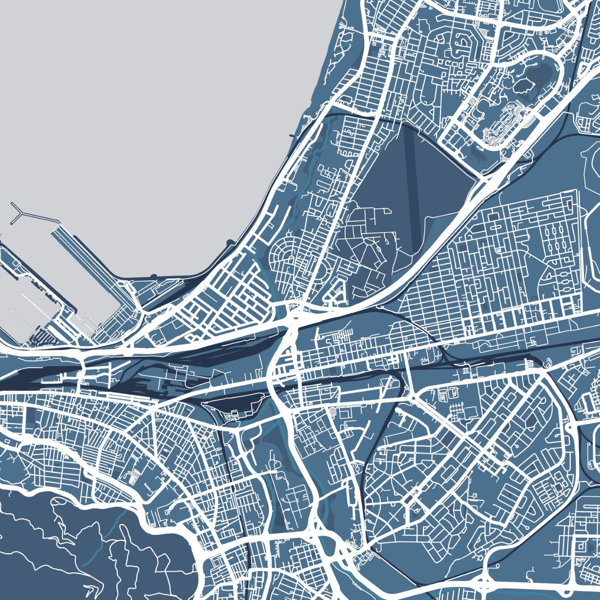 Close-up detail of the Cape Peninsula and Robben Island Blue & White map print, showing the fine line work and quality of the full-size print