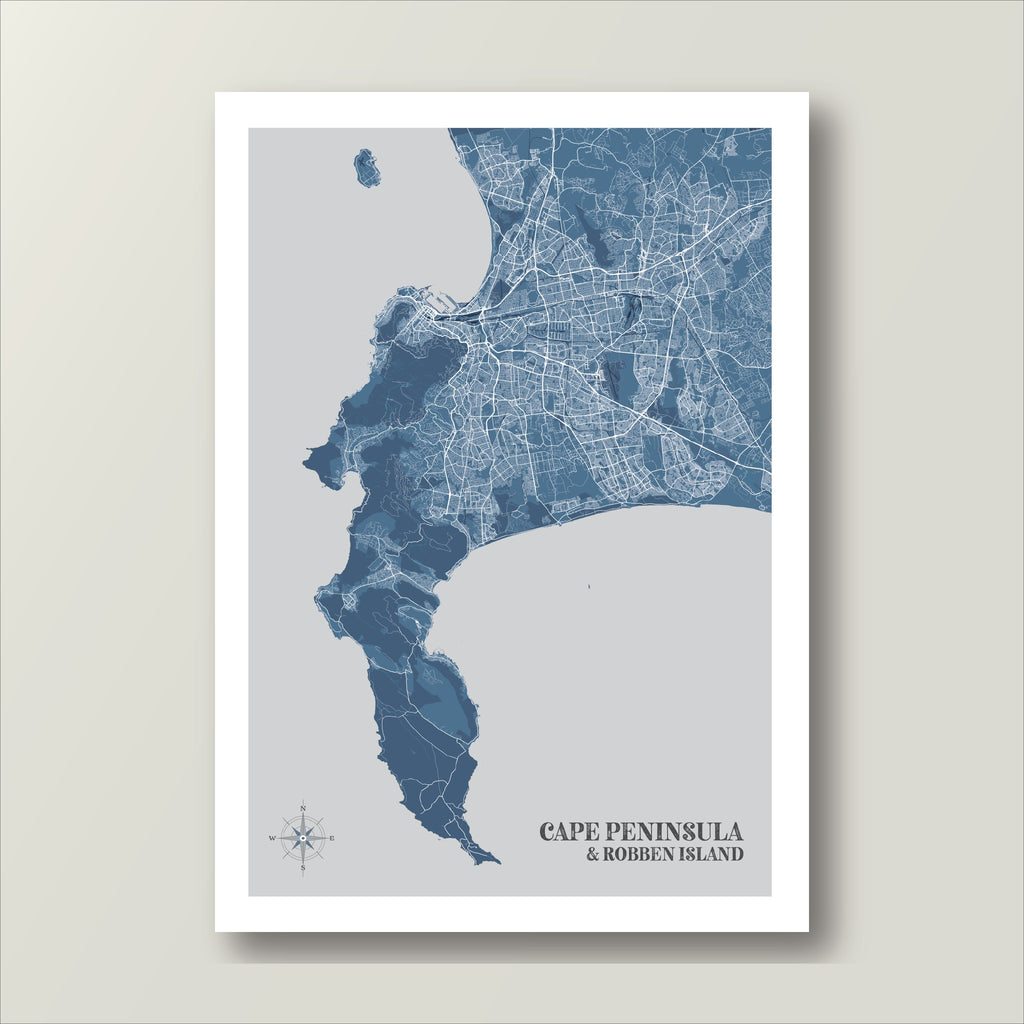 Cape Peninsula and Robben Island map print in the Blue & White style, with white streets over slate-blue land, Table Mountain National Park in darker blue and a pale grey sea