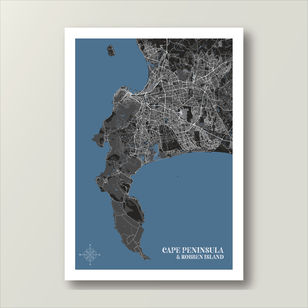 Cape Peninsula and Robben Island map print in the Granite style, with white streets over black land, Table Mountain National Park in charcoal grey and a steel-blue sea