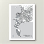 Cape Peninsula and Robben Island map print in the Grey style, with black streets on white land, mid-grey national parks and a pale grey sea
