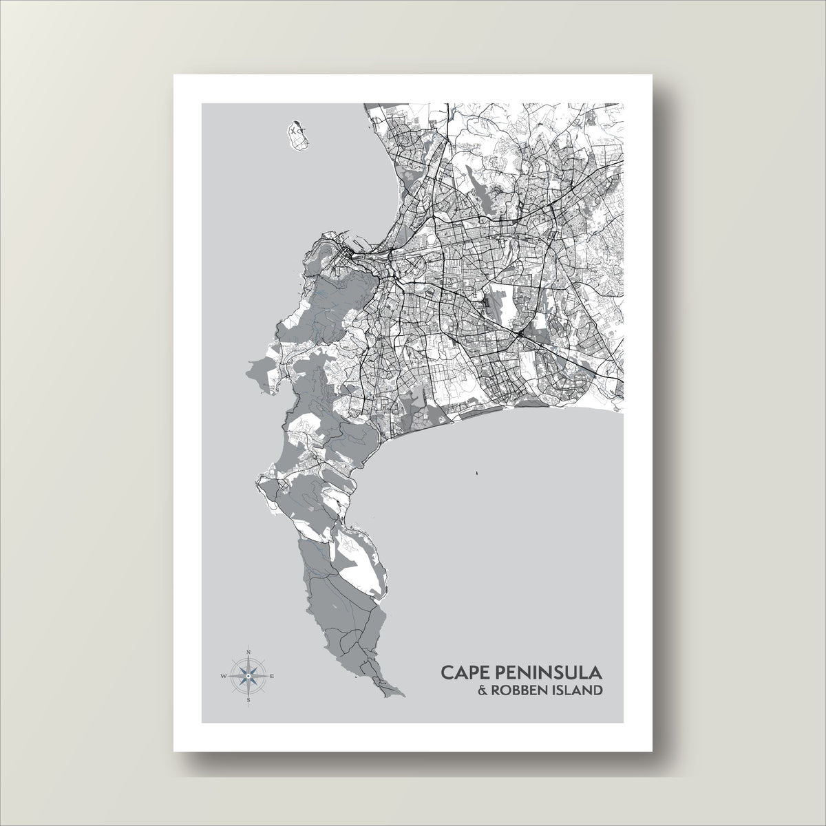 Cape Peninsula and Robben Island map print in the Grey style, with black streets on white land, mid-grey national parks and a pale grey sea