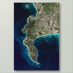 Cape Peninsula satellite image print showing the peninsula from Robben Island to Cape Point, with turquoise bays and deep blue ocean