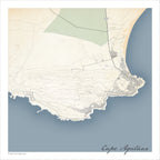 Cape Agulhas map print in the Classic style, showing the lighthouse and southern tip of Africa, with fine black street lines, blue sea and contoured slopes on a cream background.