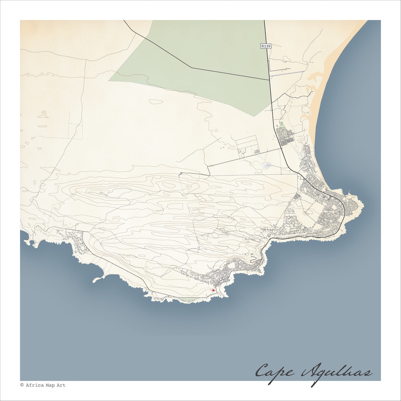 Cape Agulhas map print in the Classic style, showing the lighthouse and southern tip of Africa, with fine black street lines, blue sea and contoured slopes on a cream background.