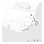 Cape Agulhas map print in the minimalist Mono style, showing the lighthouse and southern tip of Africa, with fine black street lines and contoured slopes on a white background with grey sea.