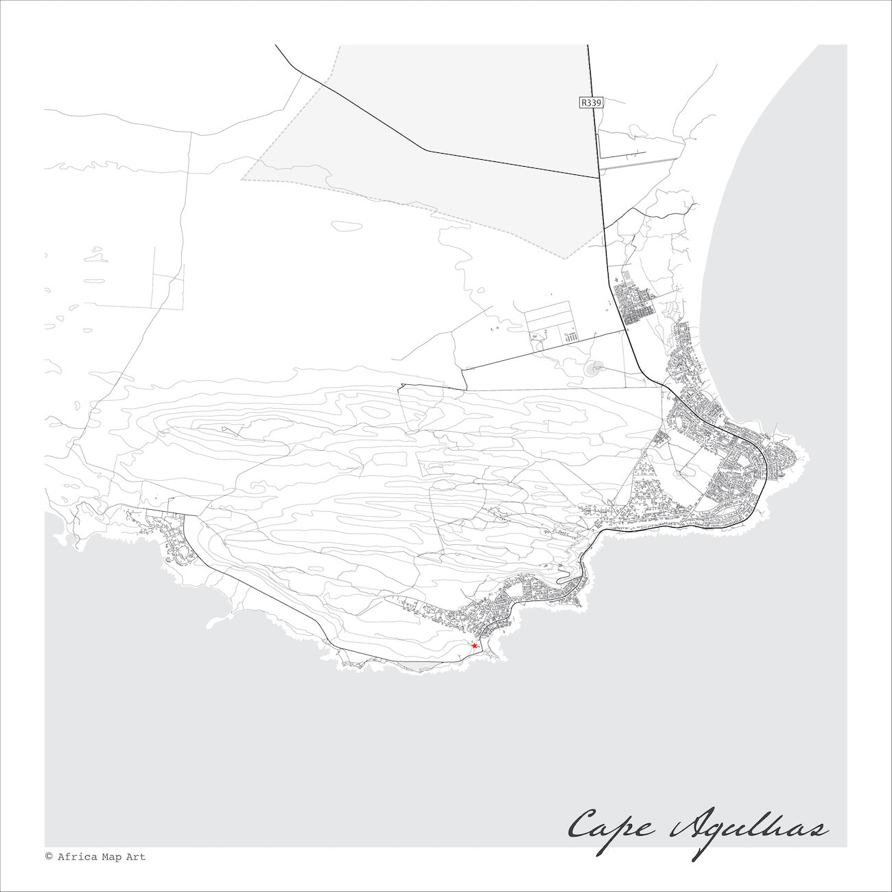 Cape Agulhas map print in the minimalist Mono style, showing the lighthouse and southern tip of Africa, with fine black street lines and contoured slopes on a white background with grey sea.
