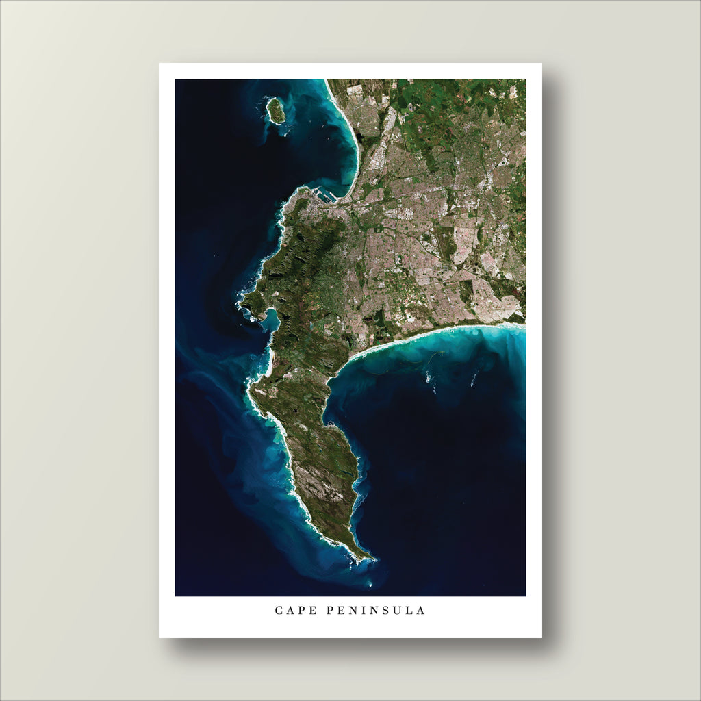 Cape Peninsula satellite print in the Poster style, showing the peninsula from Robben Island to Cape Point, with turquoise bays and deep blue ocean, and the title Cape Peninsula on the bottom white border