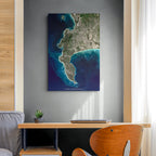 A vertical wall art print of a satellite map of Cape Peninsula, South Africa, styled on a dark gray wall above a wooden desk in a modern home office setting.