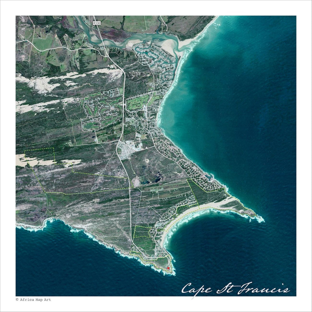 Cape St Francis map print in the Aerial style; white roads and contour lines over a satellite image with green and brown vegetation and blue sea.